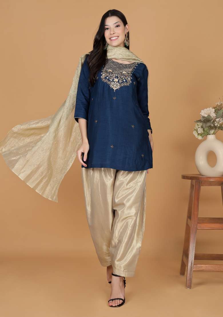 Blue Embroidered Tissue Punjabi Suit - Indya