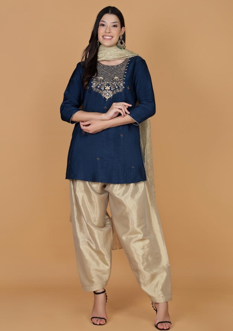 Blue Beads Work Tissue Kurta Set - Indya
