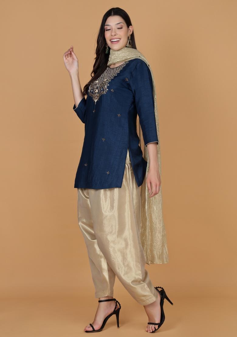 Blue Beads Work Tissue Kurta Set - Indya