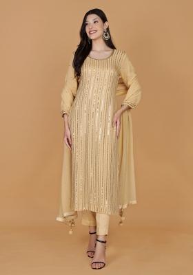 Beige Beads Work Georgette Straight Kurta Set