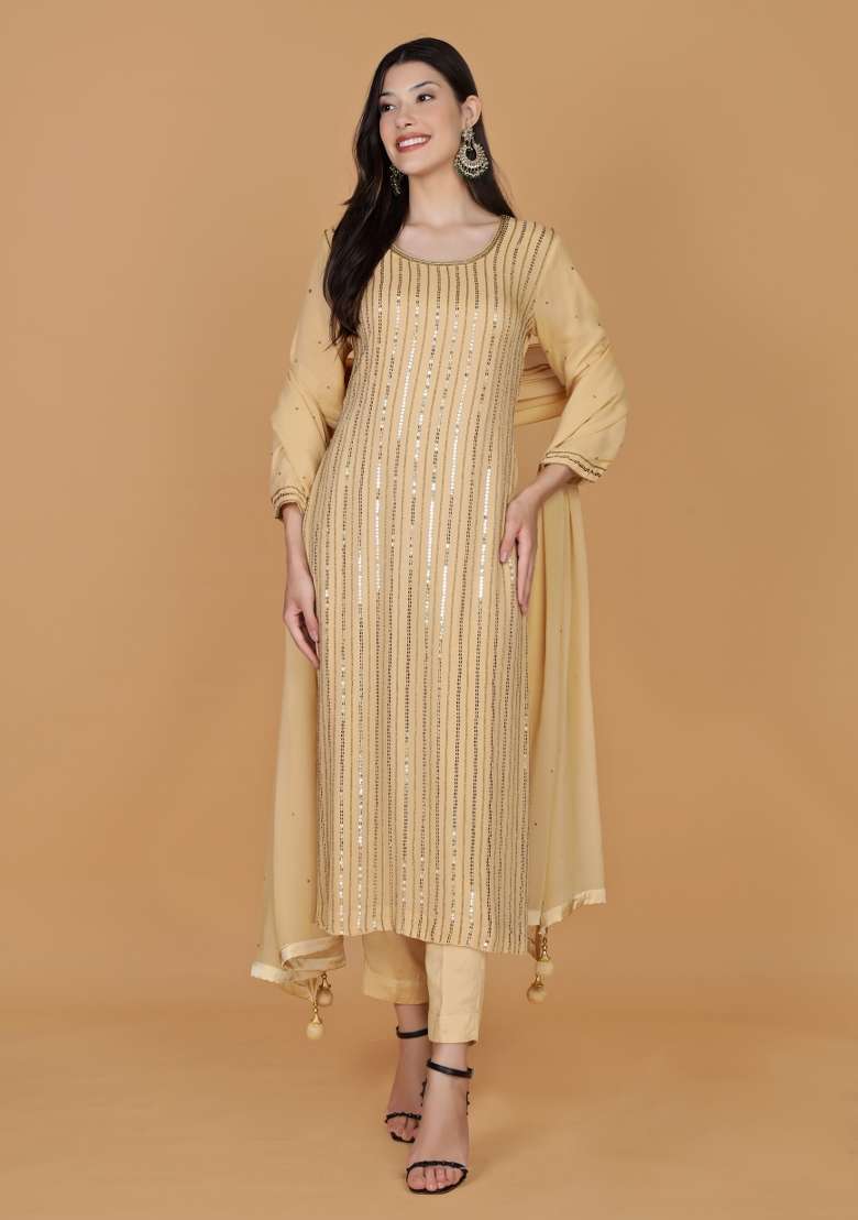 Beige Sequin Work Georgette Straight Kurta Set - Indya