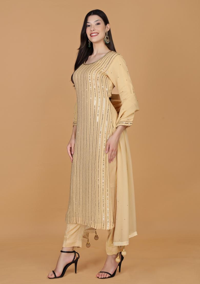 Beige Beads Work Georgette Straight Kurta Set - Indya