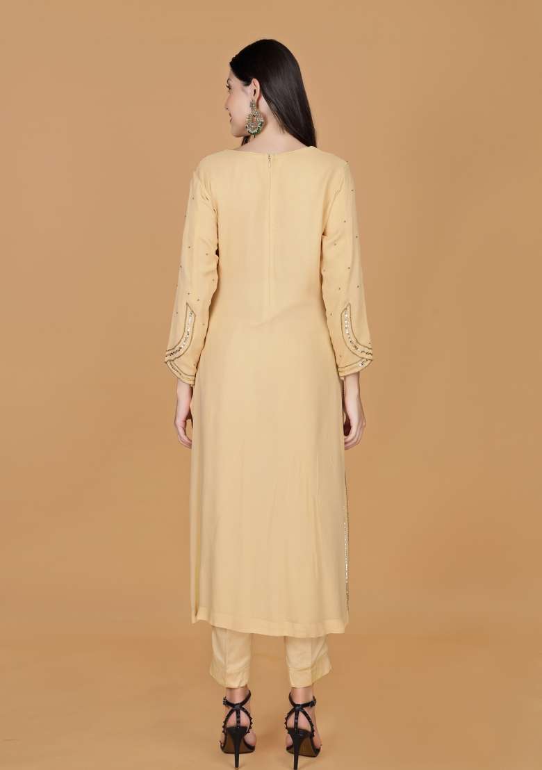 Beige Sequin Work Georgette Straight Kurta Set - Indya