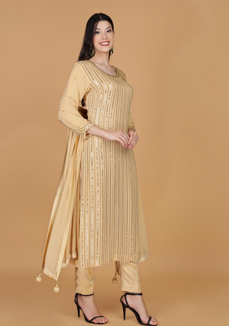 Beige Beads Work Georgette Straight Kurta Set - Indya