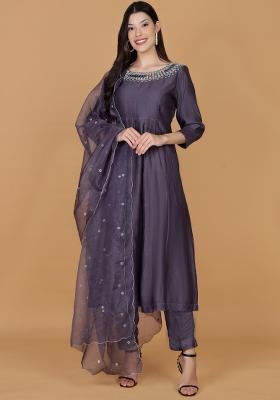 Purple Mirror Work Chanderi Anarkali Set