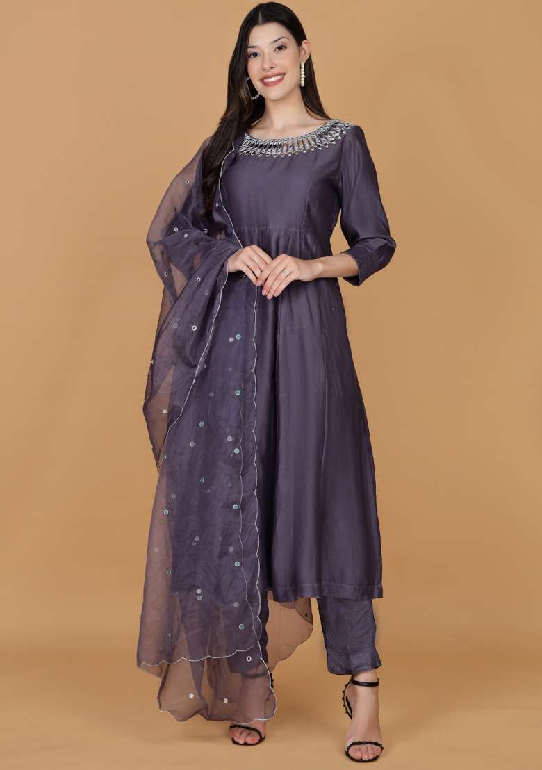 Purple Mirror Work Chanderi Anarkali Set - Indya