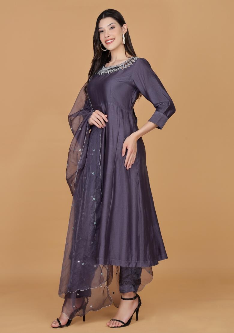 Purple Mirror Work Chanderi Anarkali Set - Indya