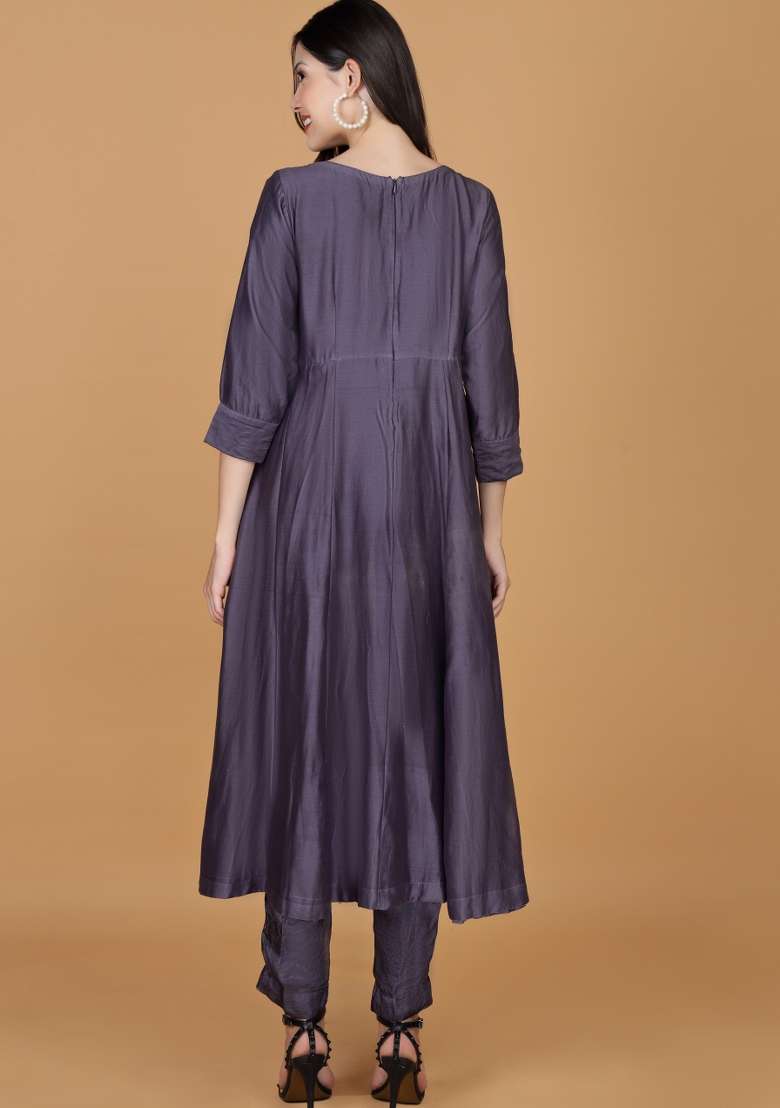Purple Mirror Work Chanderi Anarkali Set - Indya