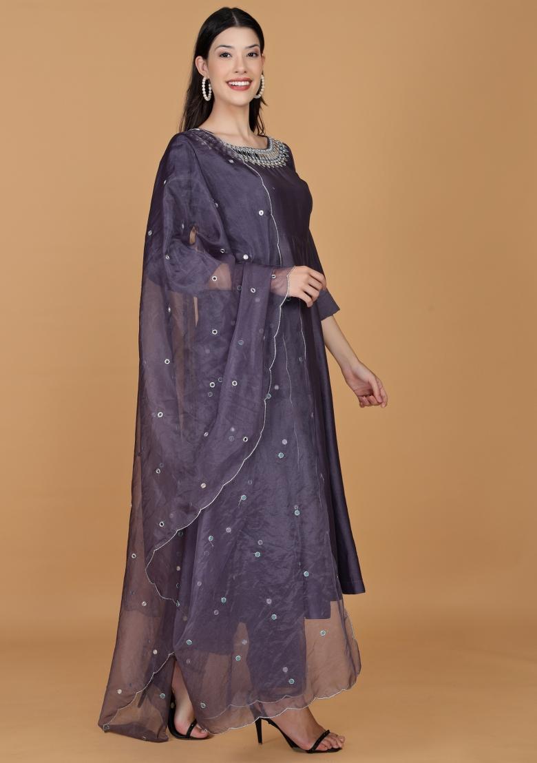 Purple Mirror Work Chanderi Anarkali Set - Indya