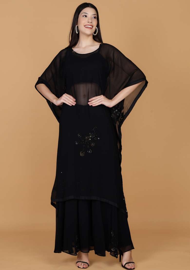 Black Sequin Work Georgette Kaftan - Indya