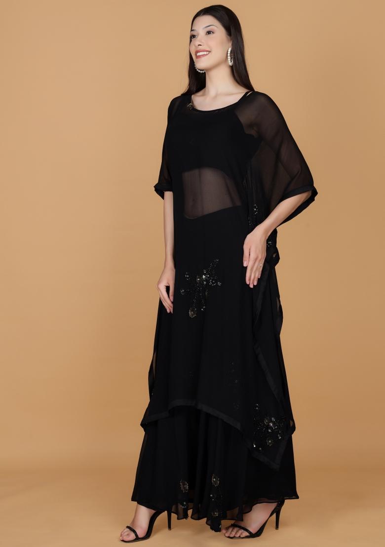 Black Sequins Georgette Indo Western Set - Indya