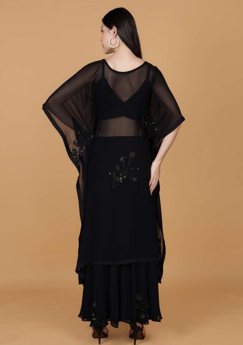 Black Sequin Work Georgette Kaftan - Indya