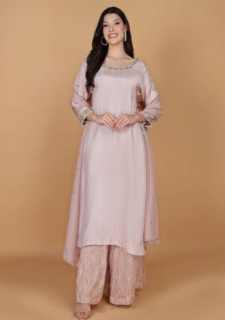 Light Pink Embroidered Viscose Straight Kurta Set - Indya