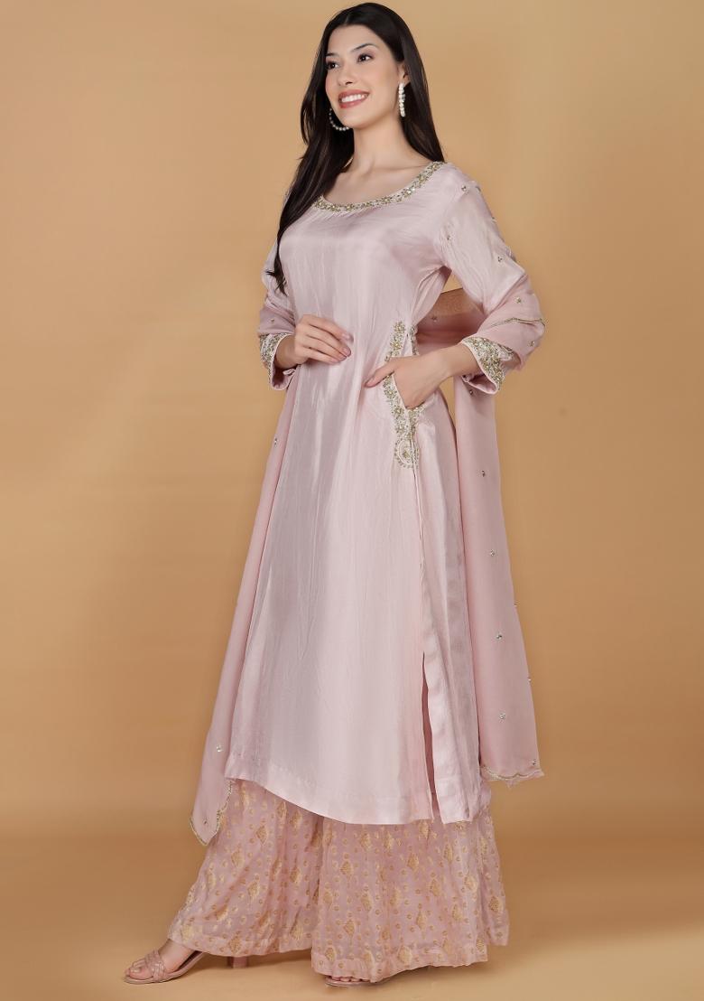 Light Pink Sequins Viscose Sharara Set - Indya
