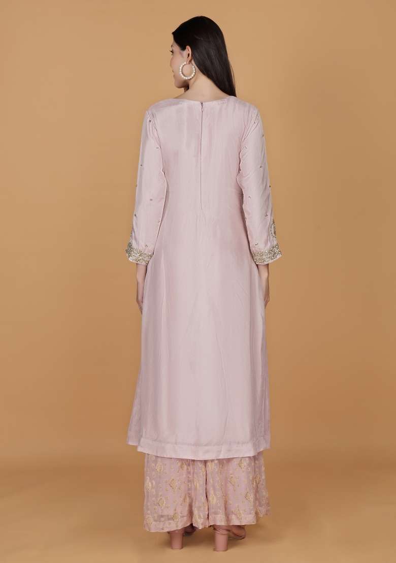 Light Pink Embroidered Viscose Straight Kurta Set - Indya