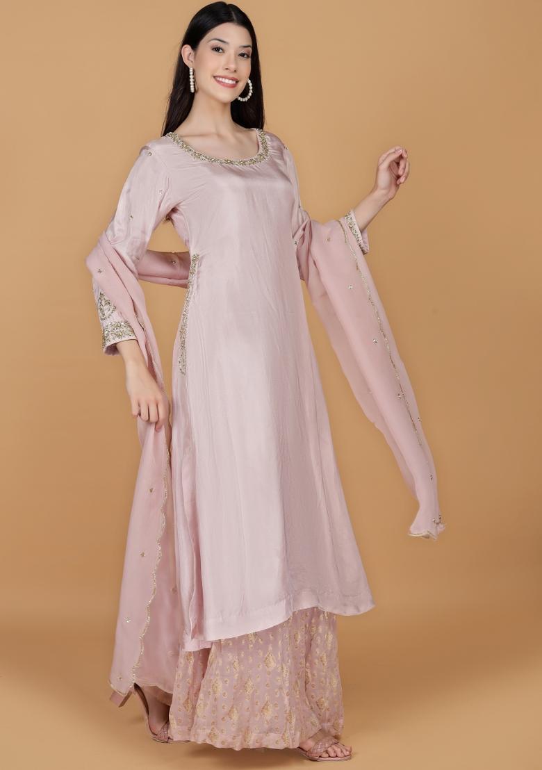Light Pink Sequins Viscose Sharara Set - Indya