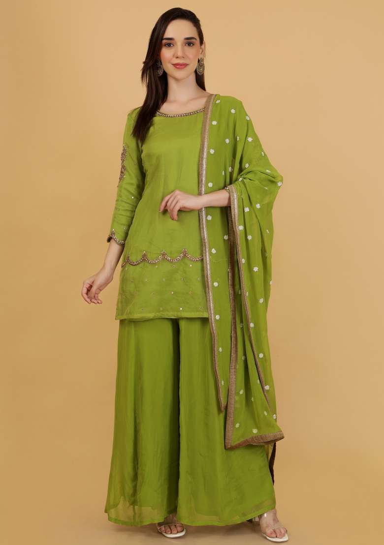 Green Embroidered Organza Sharara Set - Indya