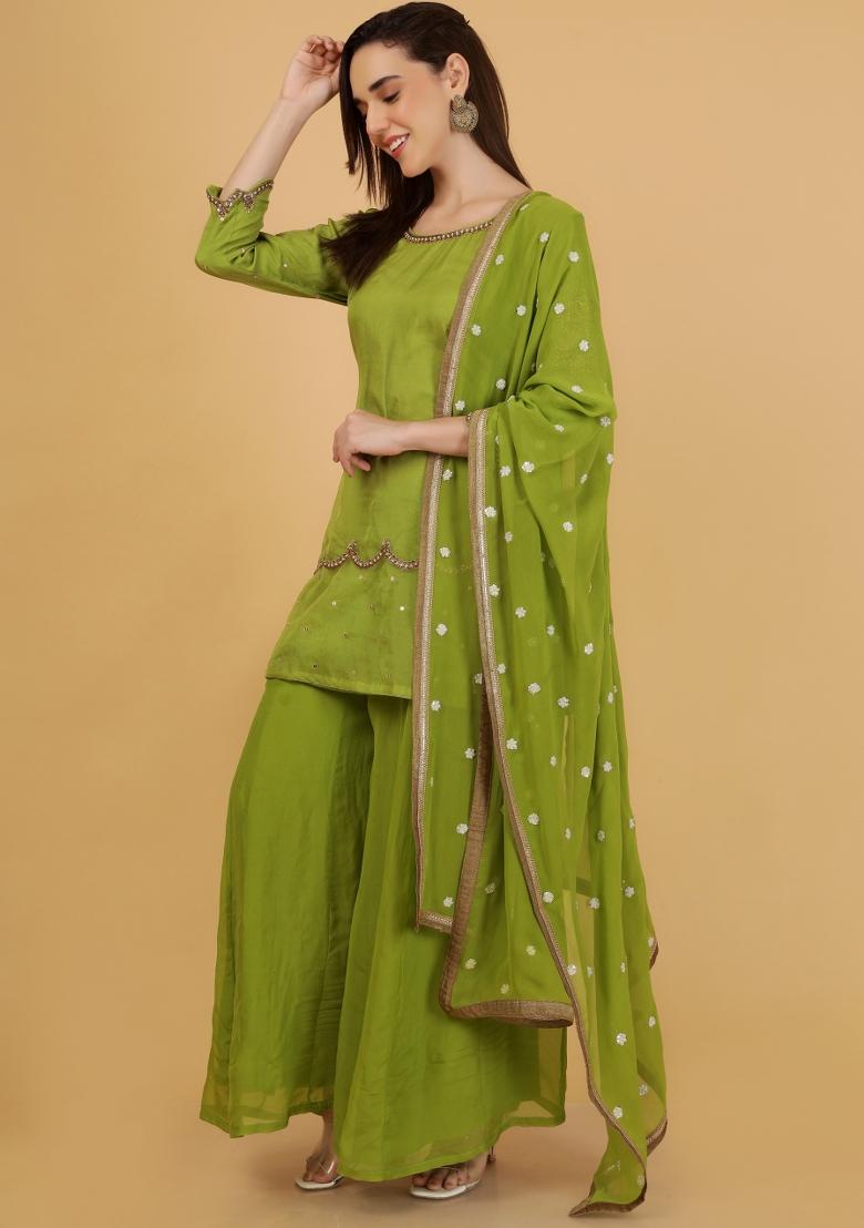 Green Beads Work Organza Sharara Set - Indya