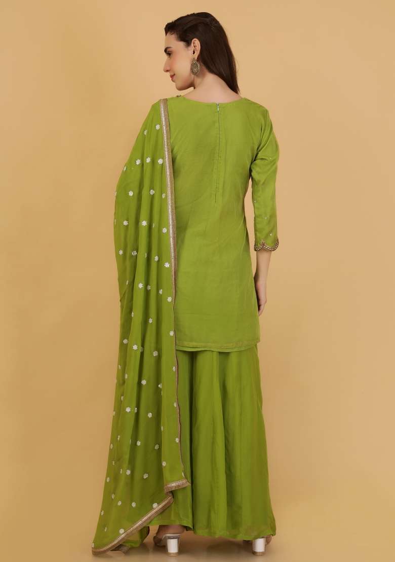 Green Embroidered Organza Sharara Set - Indya