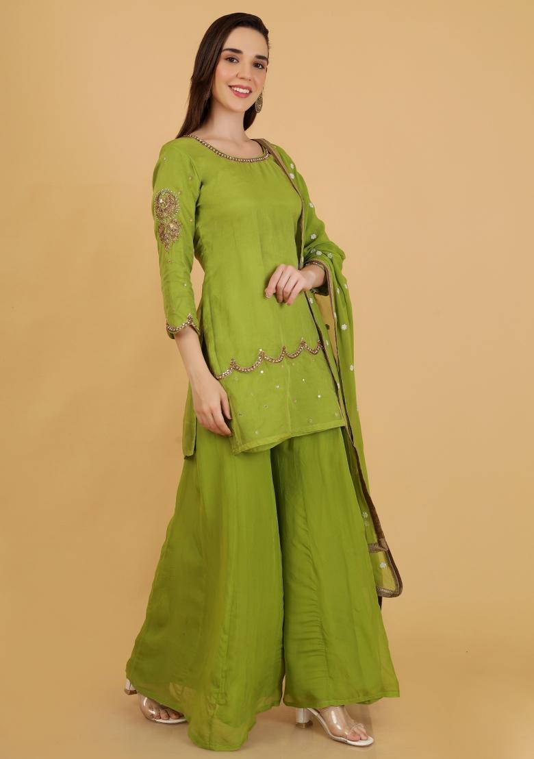 Green Beads Work Organza Sharara Set - Indya