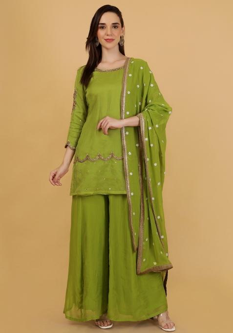 Green Beads Work Organza Kurta Set
