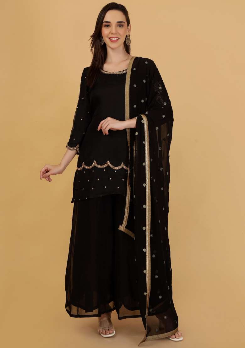 Black Embroidered Organza Sharara Set - Indya