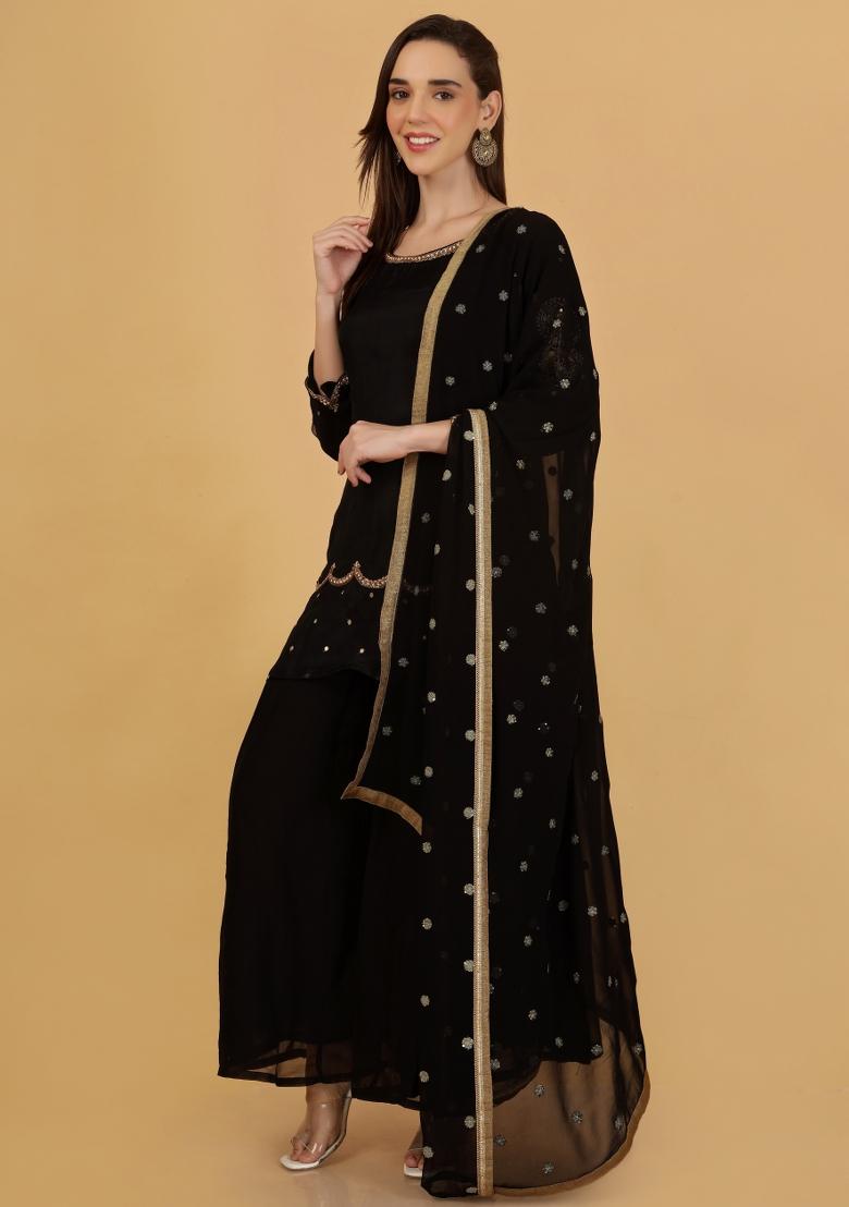 Black Beads Work Organza Sharara Set - Indya