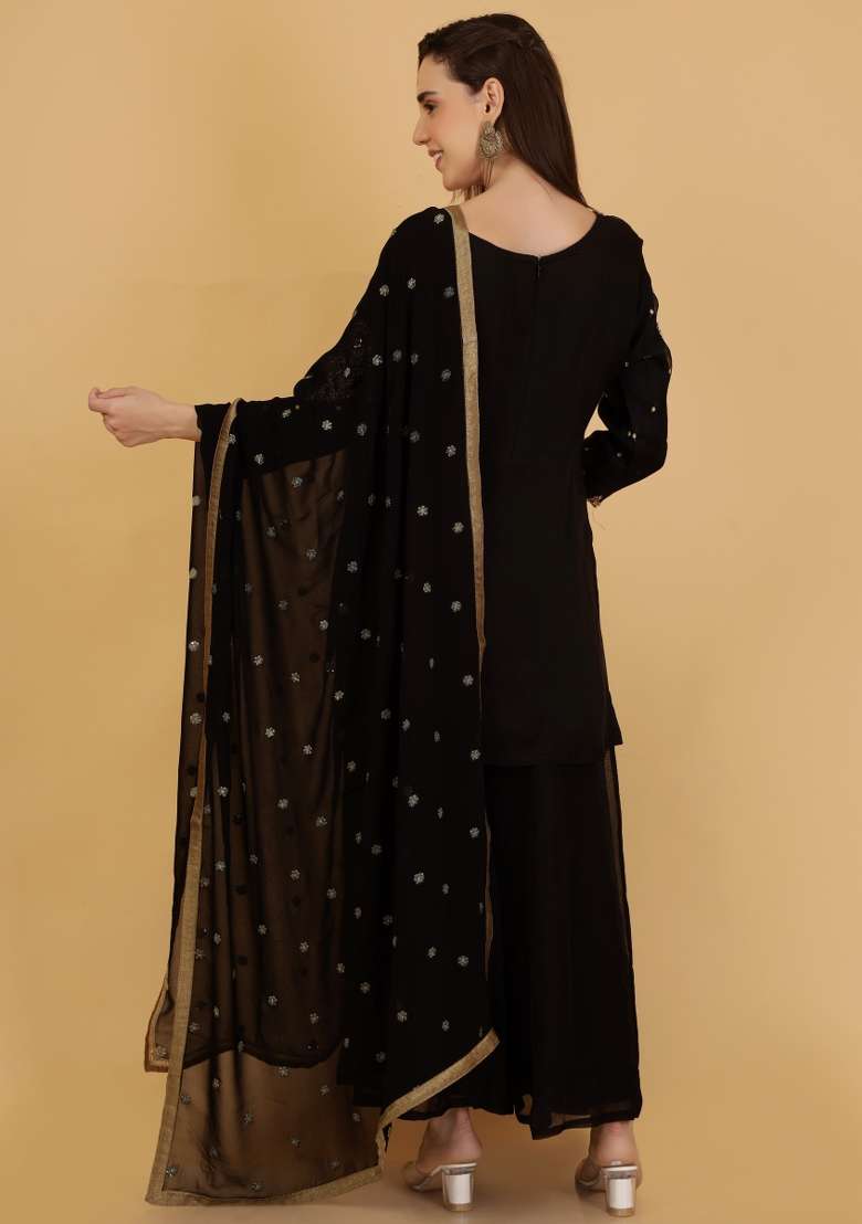 Black Embroidered Organza Sharara Set - Indya
