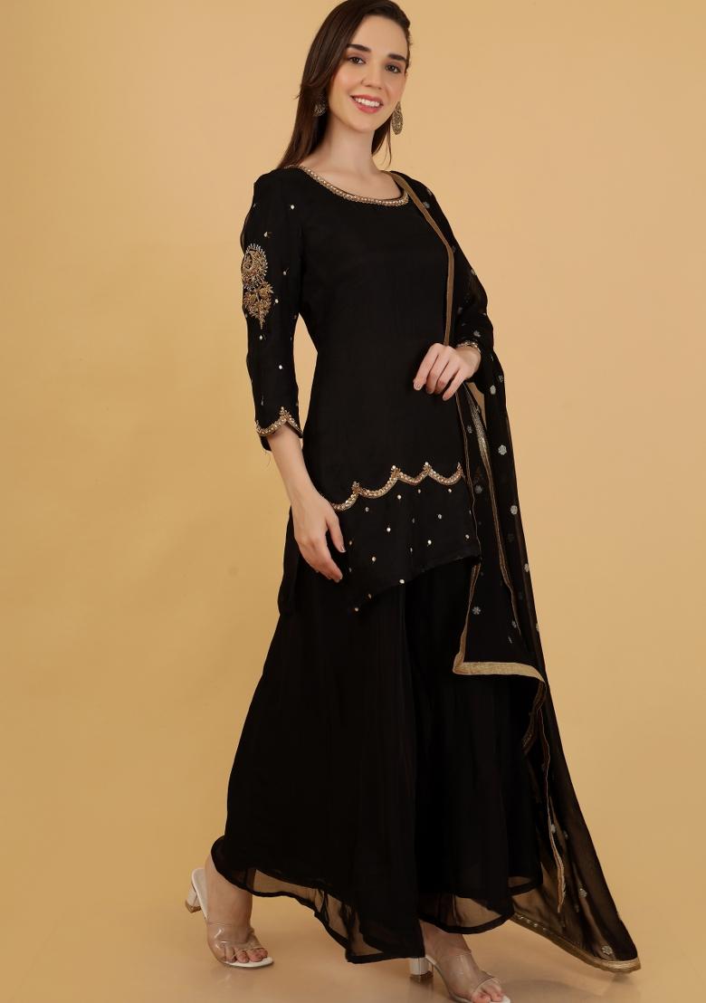 Black Beads Work Organza Sharara Set - Indya