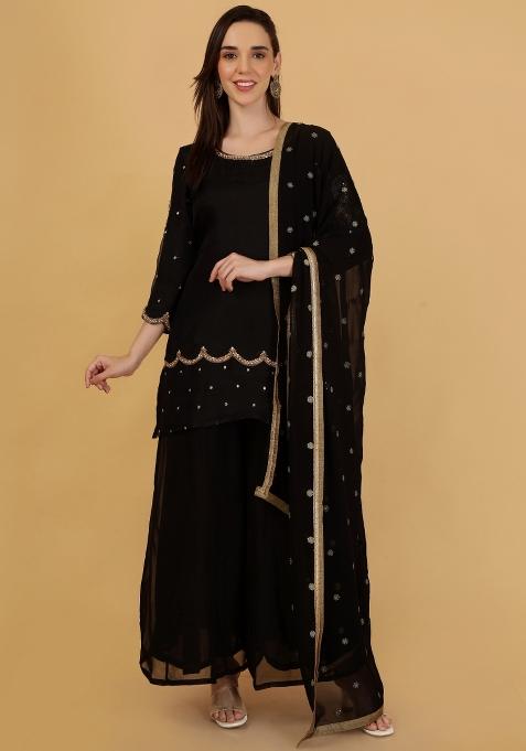 Black Beads Work Organza Kurta Set