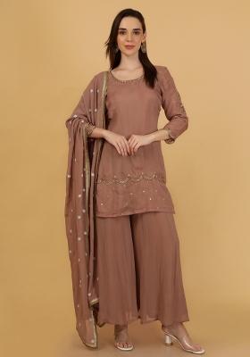 Brown Beads Work Organza Sharara Set