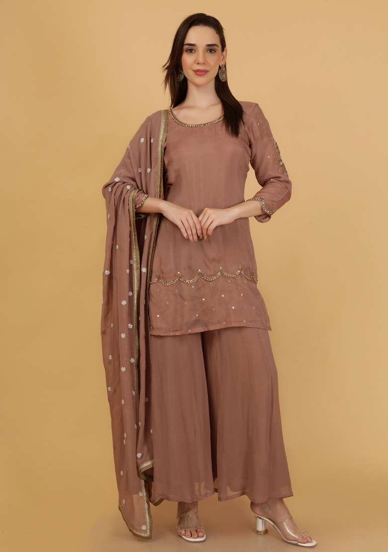 Brown Embroidered Organza Sharara Set - Indya