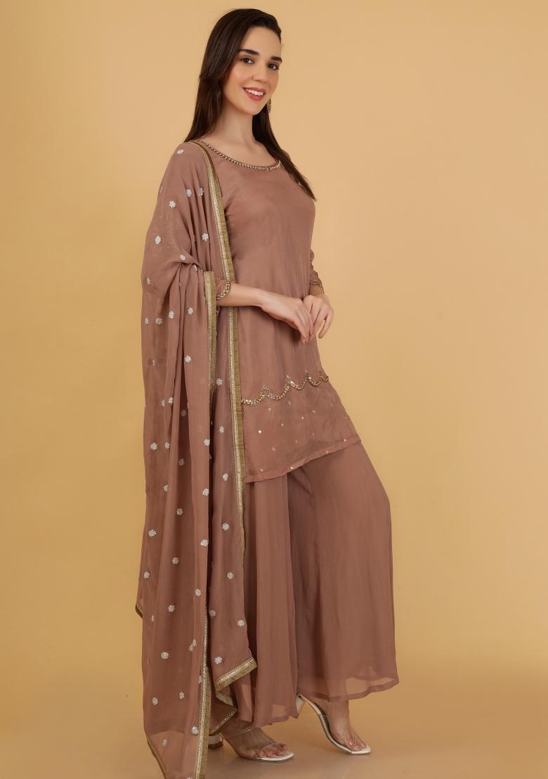 Brown Beads Work Organza Sharara Set - Indya