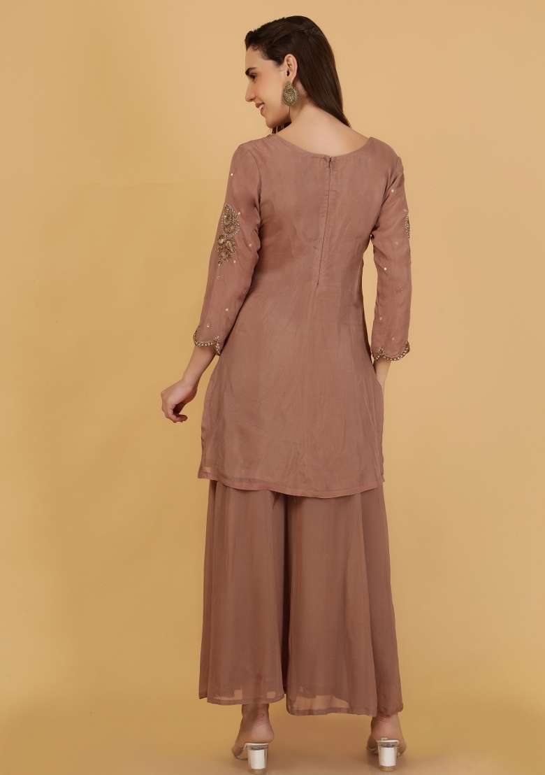 Brown Embroidered Organza Sharara Set - Indya
