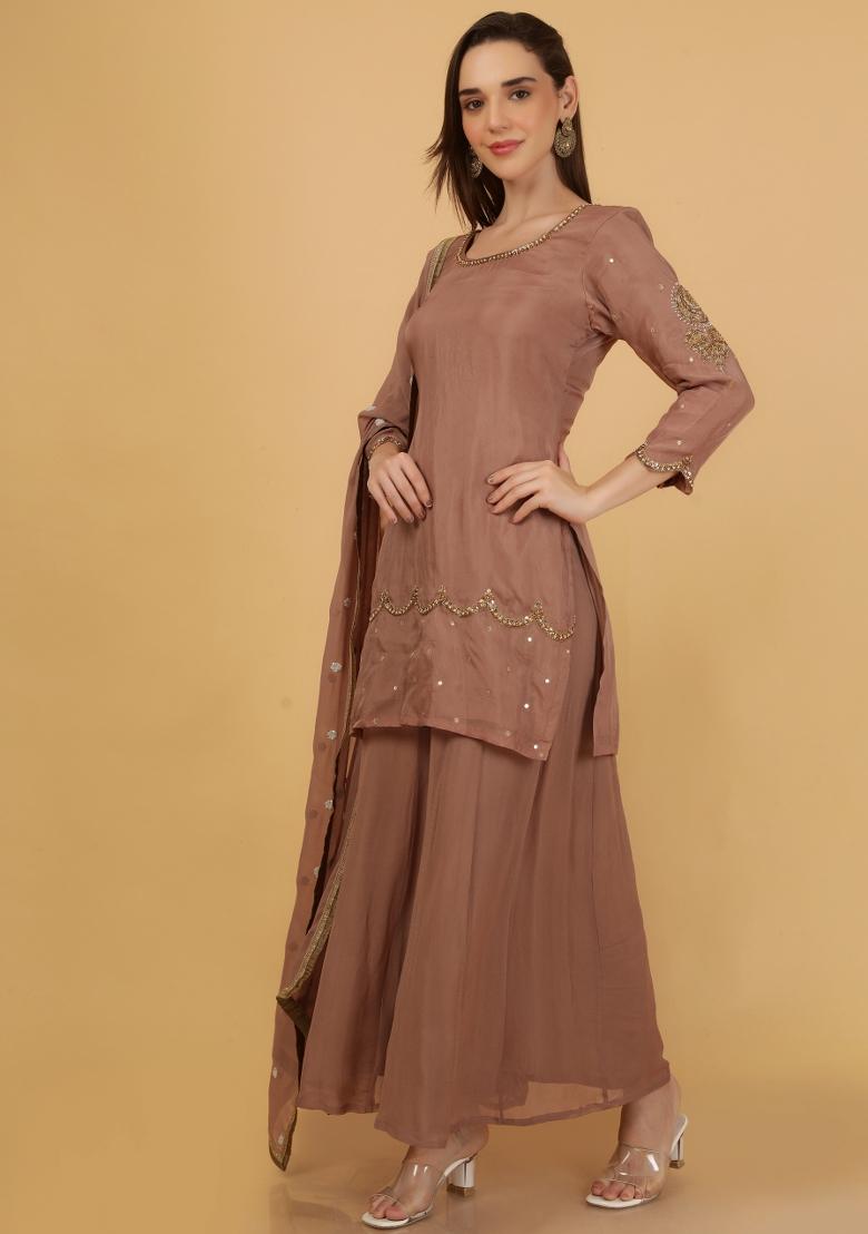 Brown Beads Work Organza Sharara Set - Indya