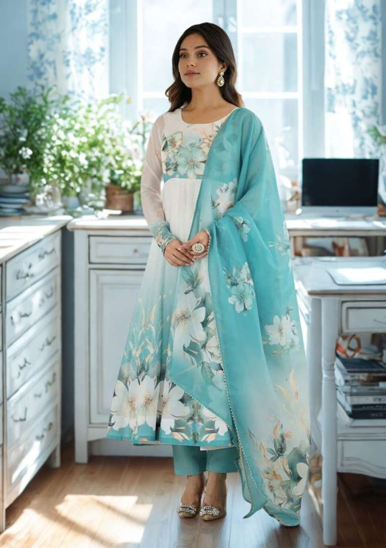 White Hand Work Silk Anarkali Set - Indya