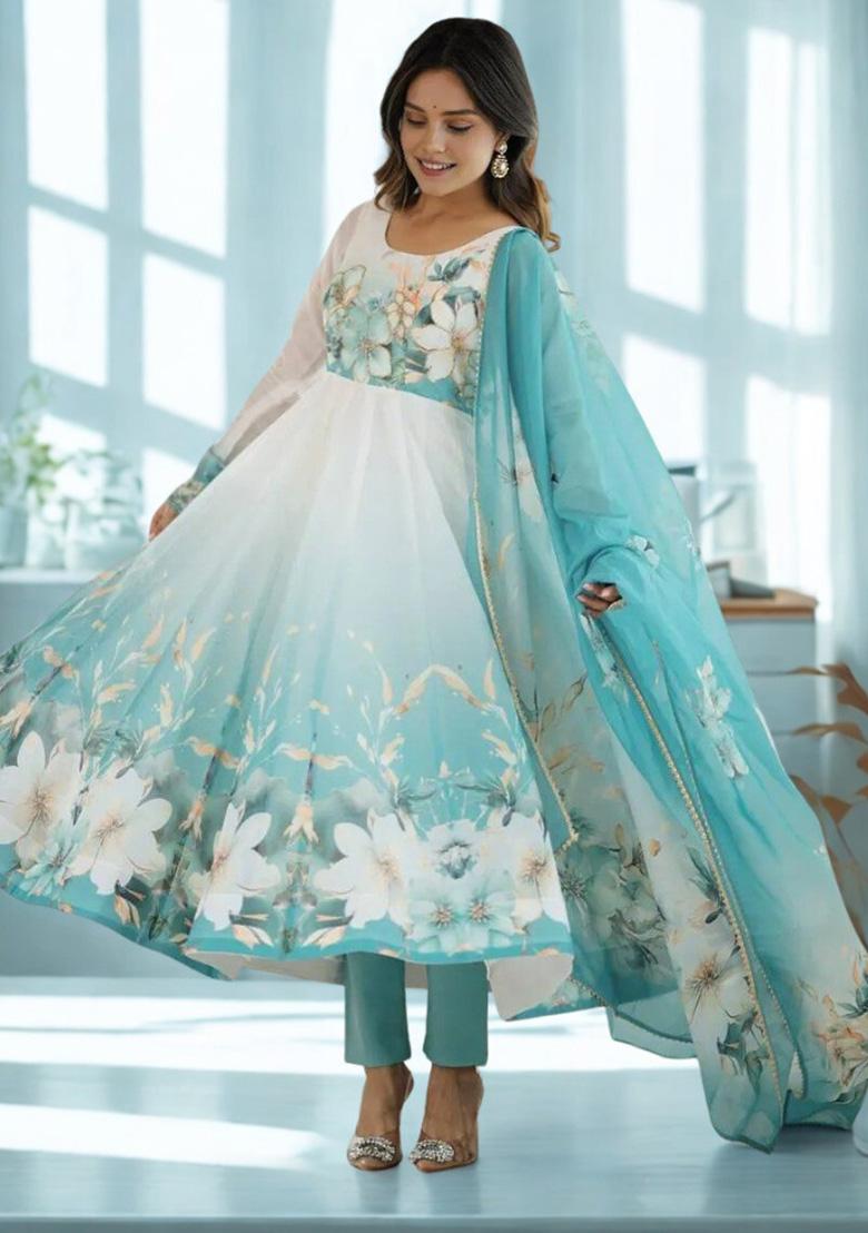 White Hand Work Silk Anarkali Set - Indya