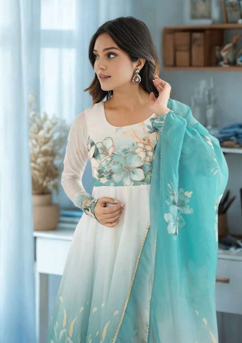 White Hand Work Silk Anarkali Set - Indya