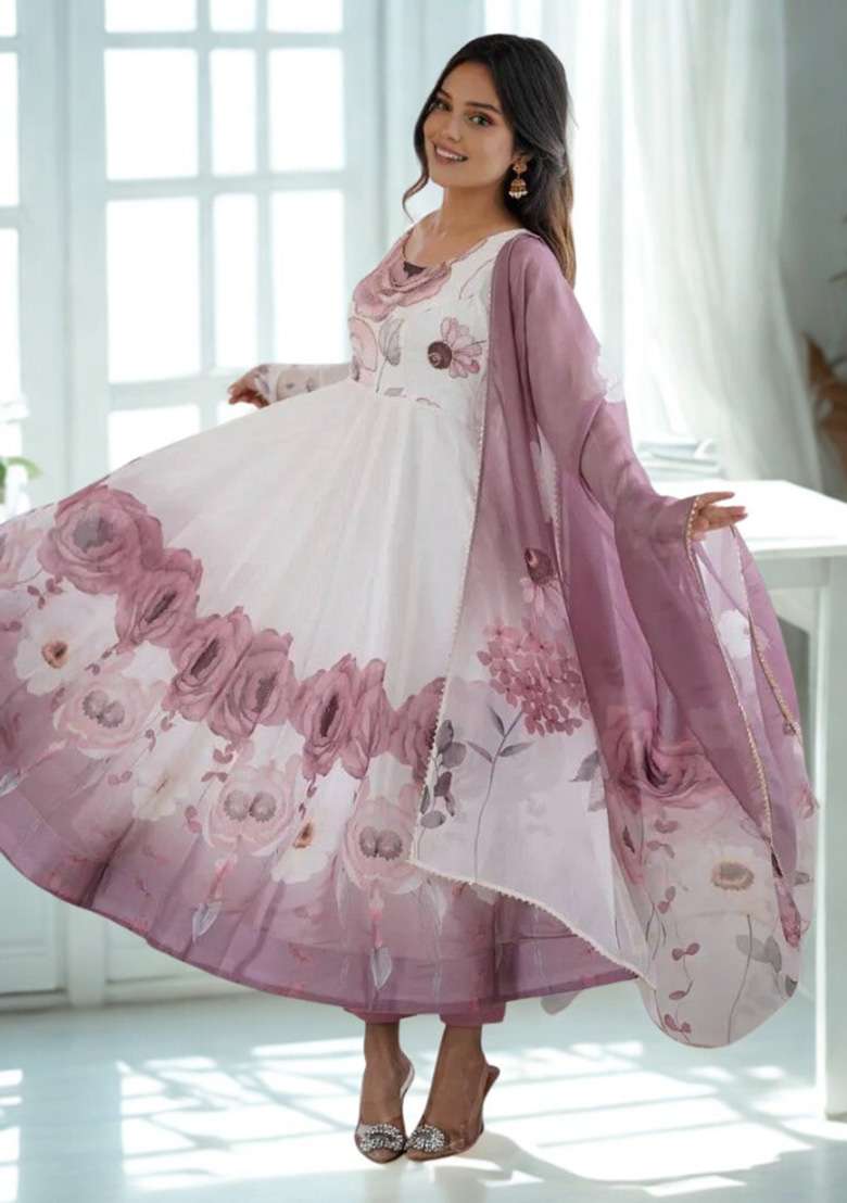 White Hand Work Silk Anarkali Set - Indya