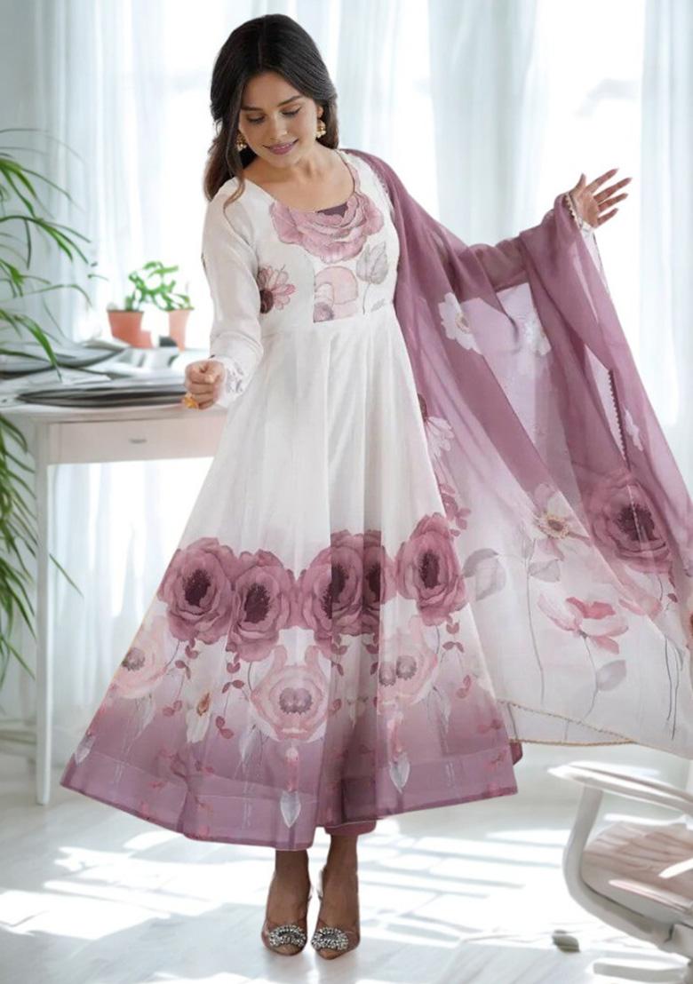 White Hand Work Silk Anarkali Set - Indya