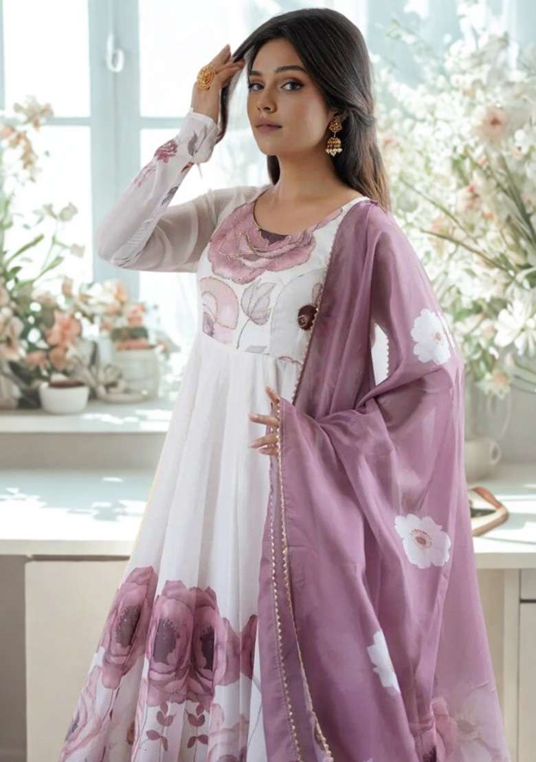 White Hand Work Silk Anarkali Set - Indya