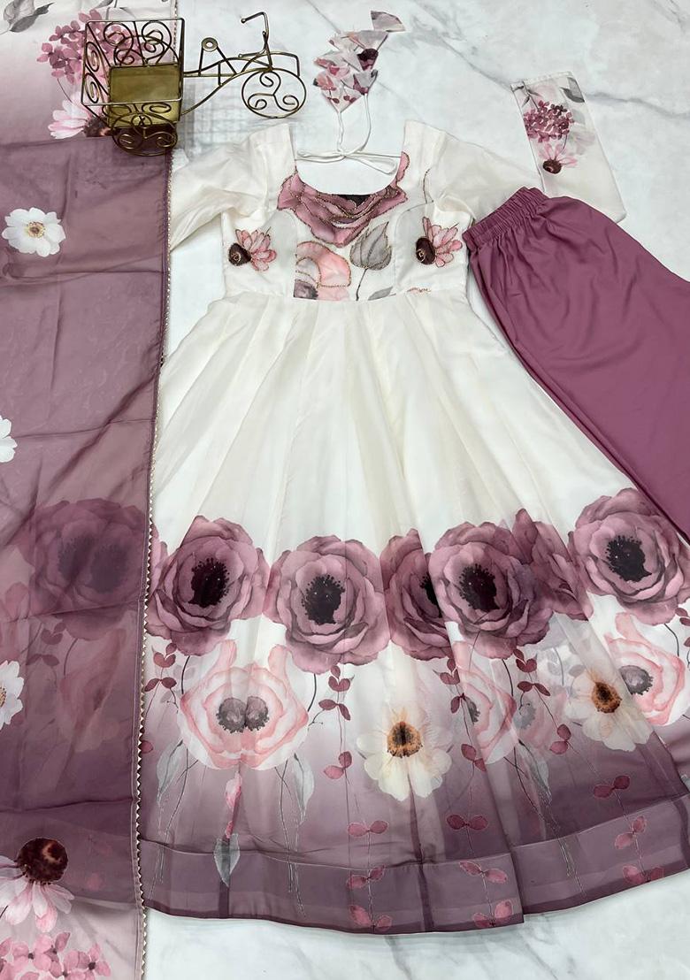 White Hand Work Silk Anarkali Set - Indya