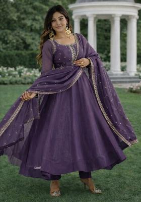 Purple Embroidery Silk Anarkali Set