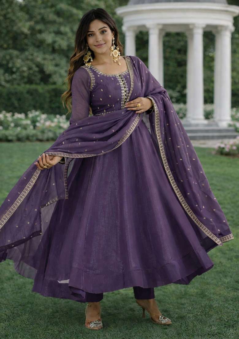 Purple Embroidery Silk Anarkali Set - Indya