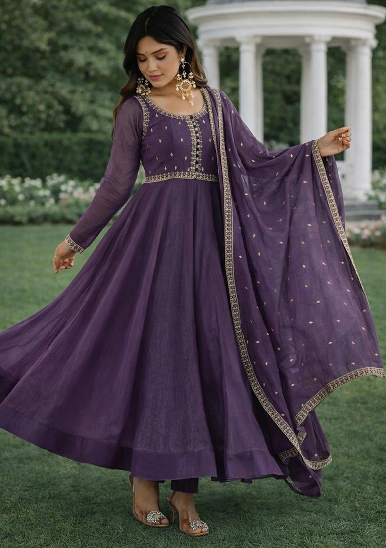 Purple Embroidery Silk Anarkali Set - Indya