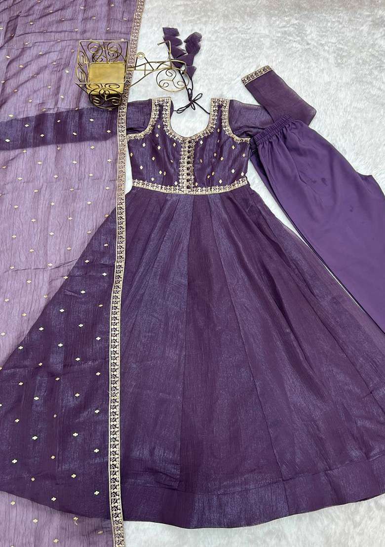 Purple Embroidery Silk Anarkali Set - Indya