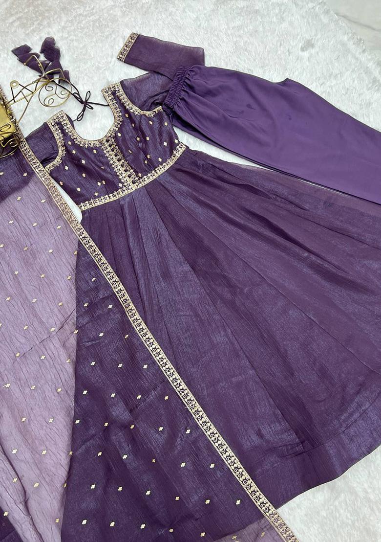 Purple Embroidery Silk Anarkali Set - Indya