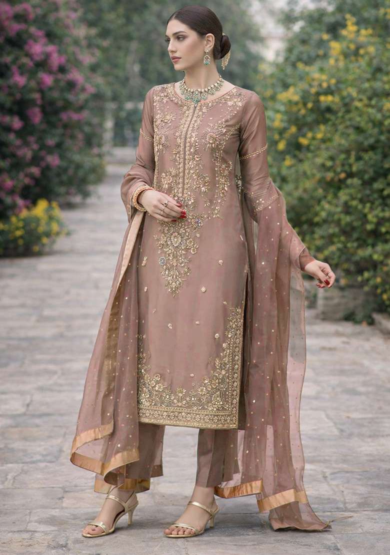 Golden Embroidered Silk Blend Pakistani Suit Set - Indya