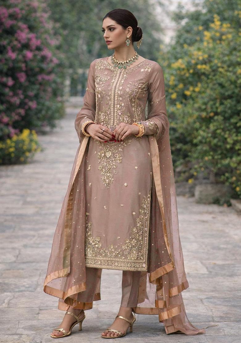 Golden Embroidery Silk Straight Kurta Set - Indya