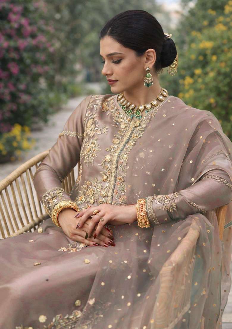 Golden Embroidered Silk Blend Pakistani Suit Set - Indya